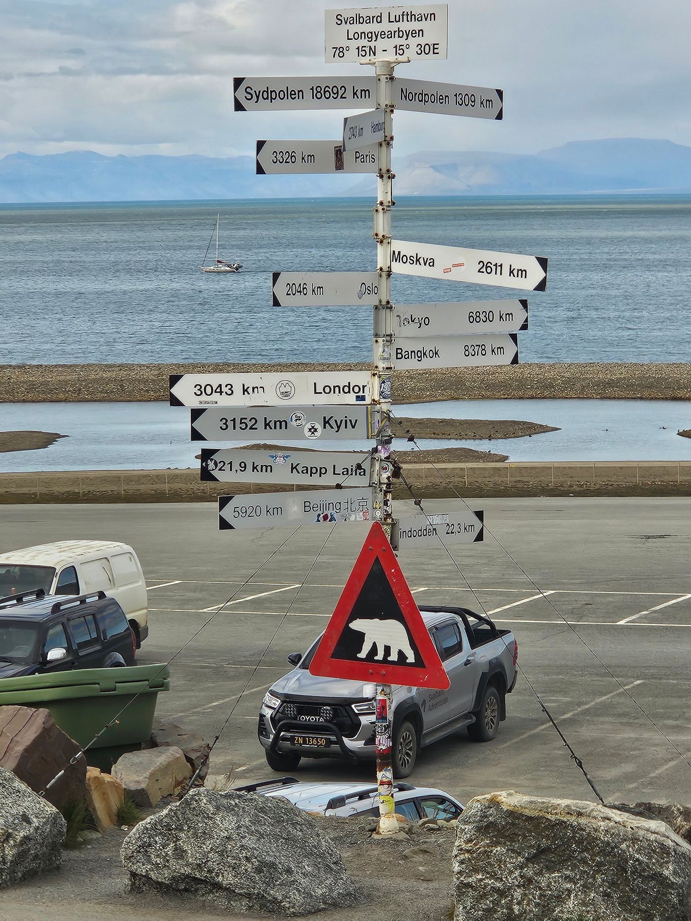 Signpost and polar-bear warning at the airport road