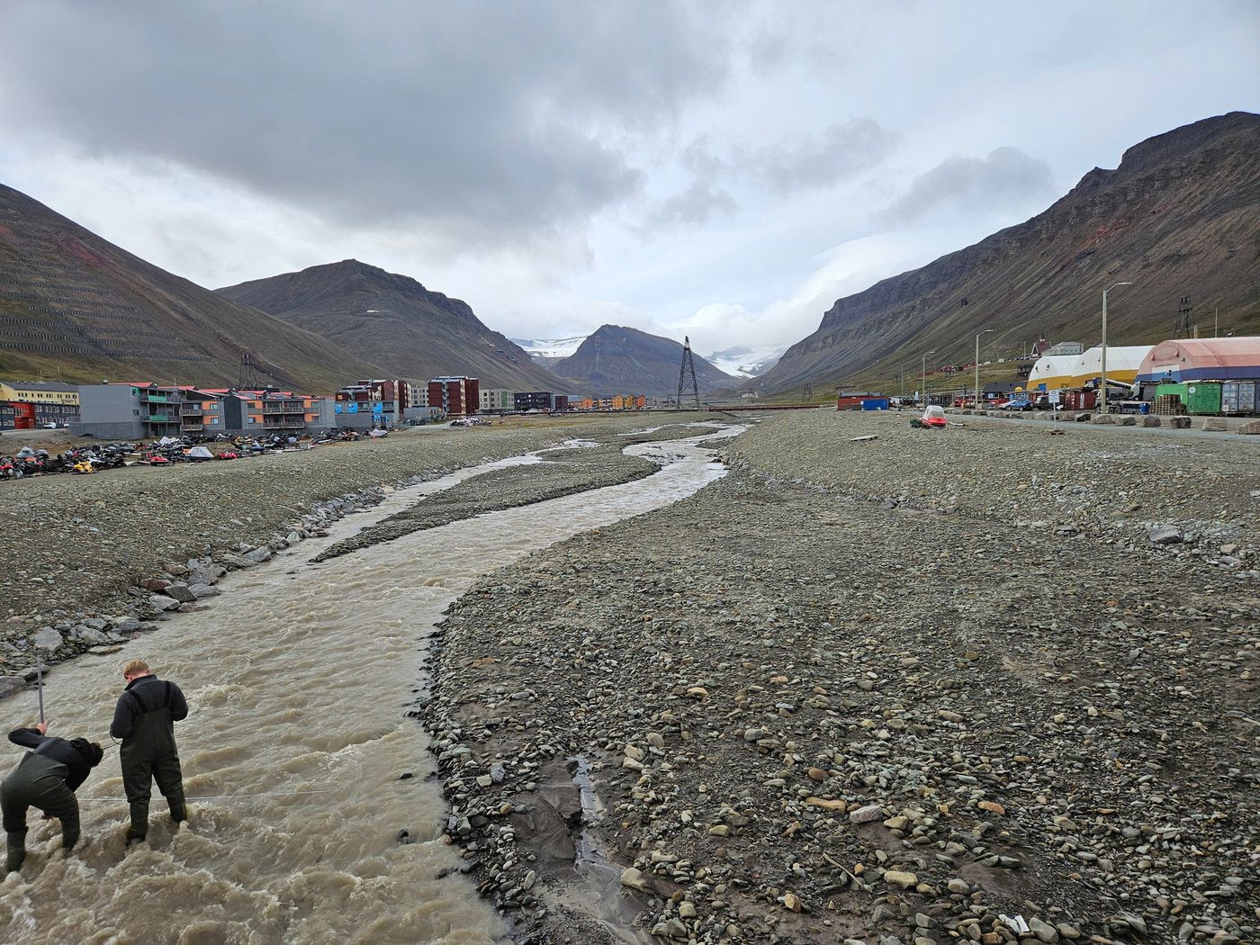 Glaciologists gauging the meltwater coming off Longyearbreen