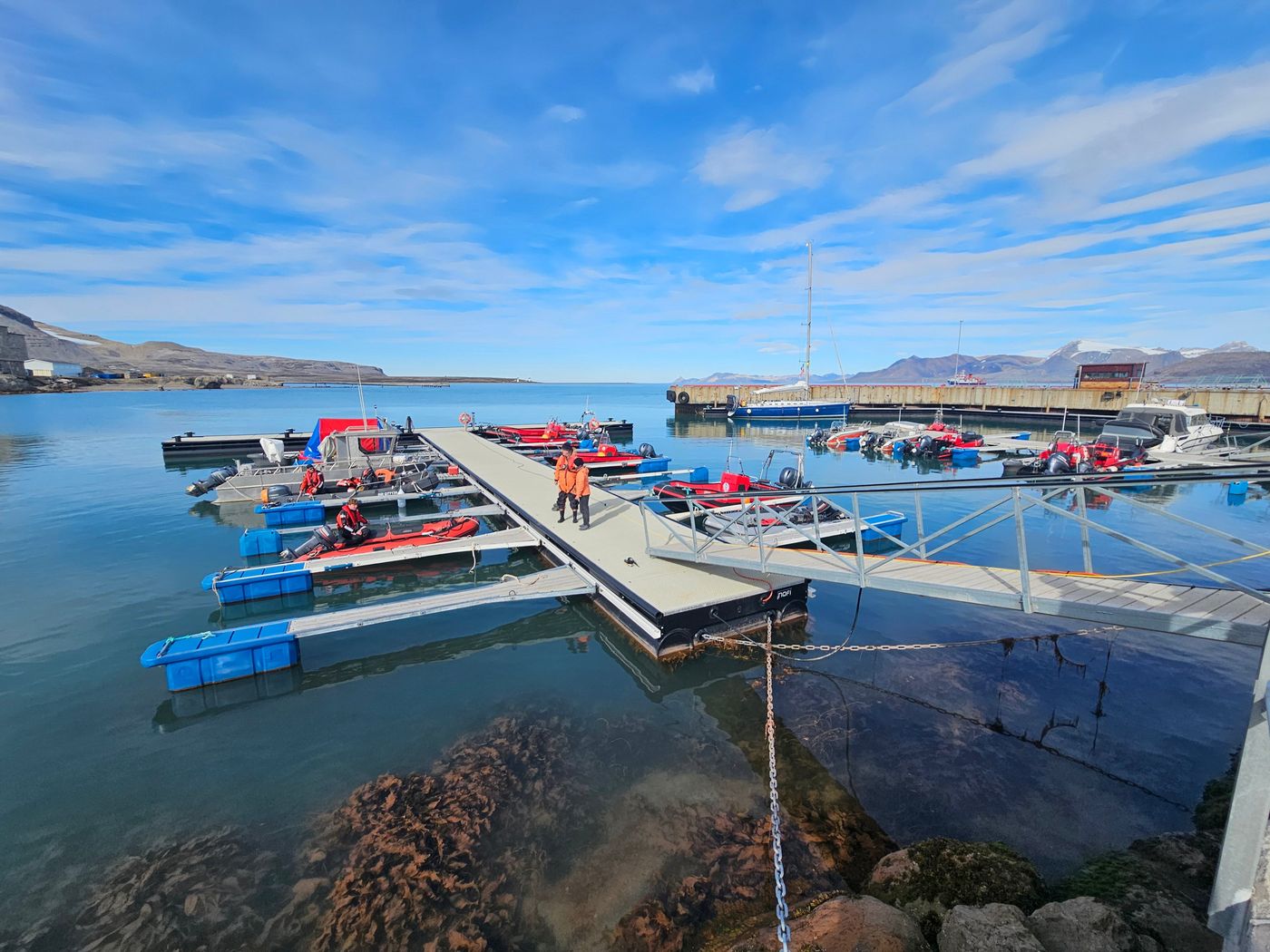 Pontoons, workboats and people at the harbour