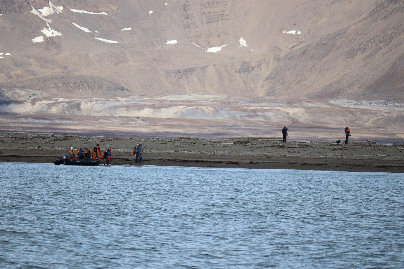 Landing party ashore on the spit beside the zodiac
