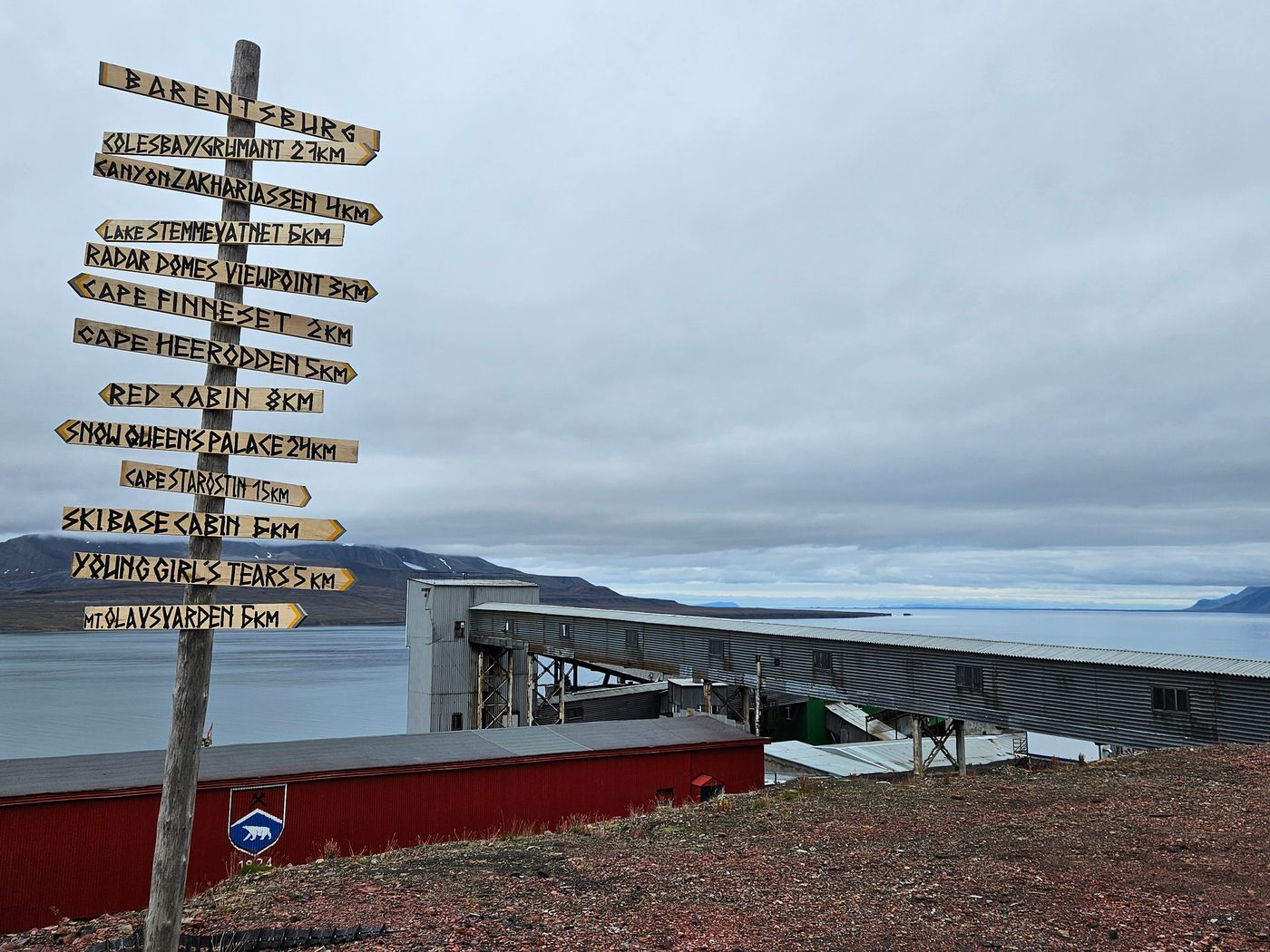 The distance signpost above Grønfjorden and the coal pier