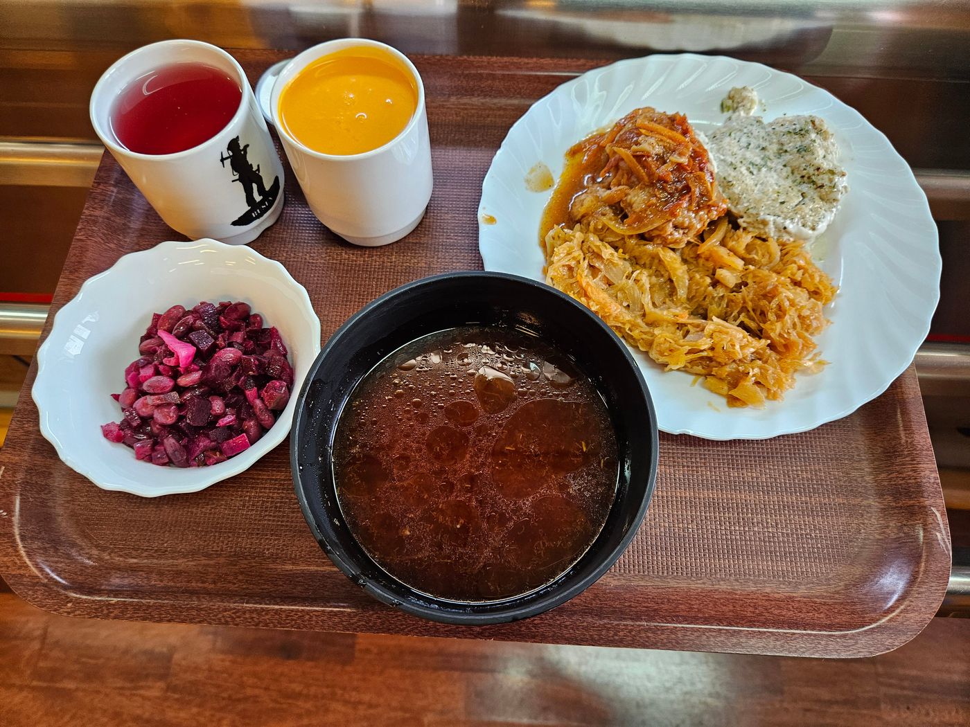 Lunch in the stolovaya: borscht, plov, vinegret and mors