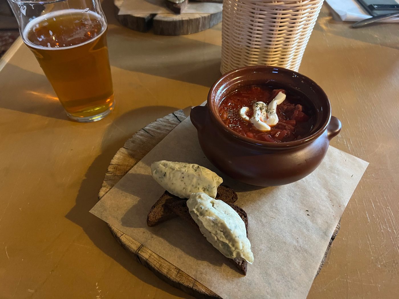 Borscht, black bread and a glass of the local blond