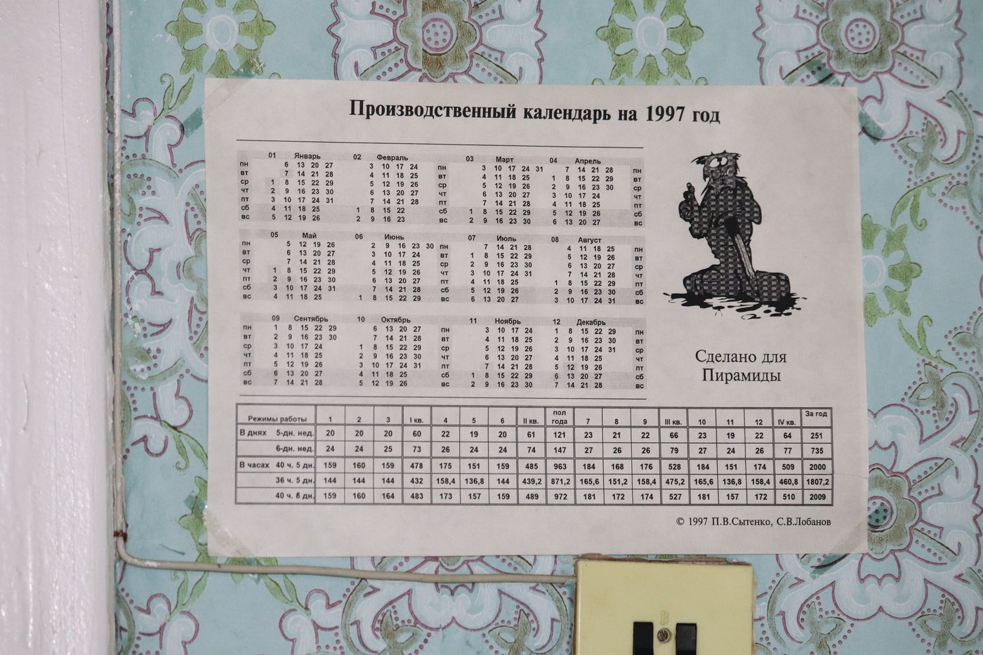 A 1997 works calendar still pinned to the wallpaper
