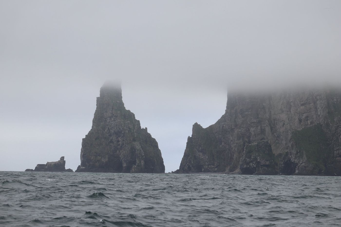 Bear Island's stacks standing out of the fog
