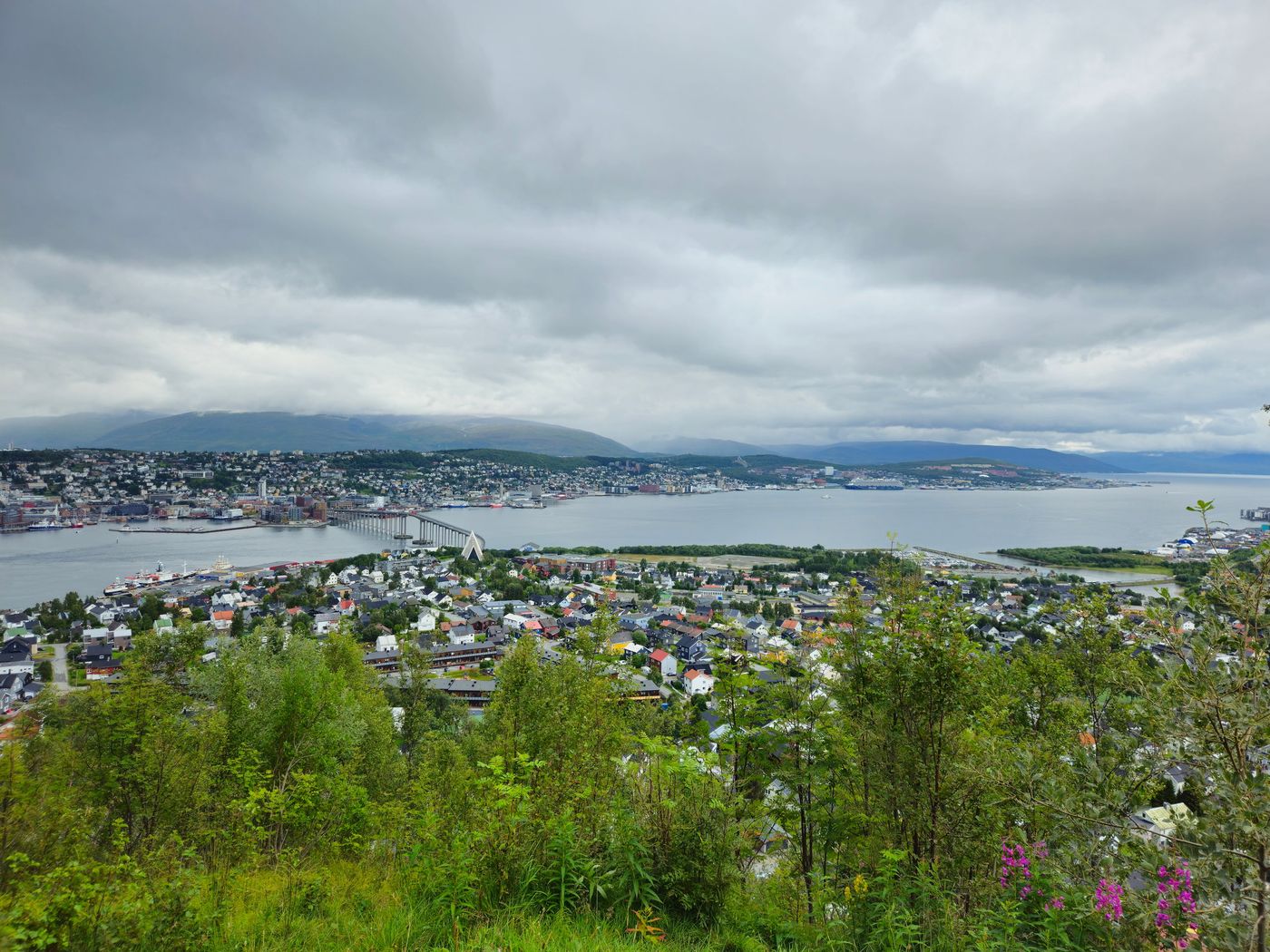 Tromso strung along its island, seen from the hill